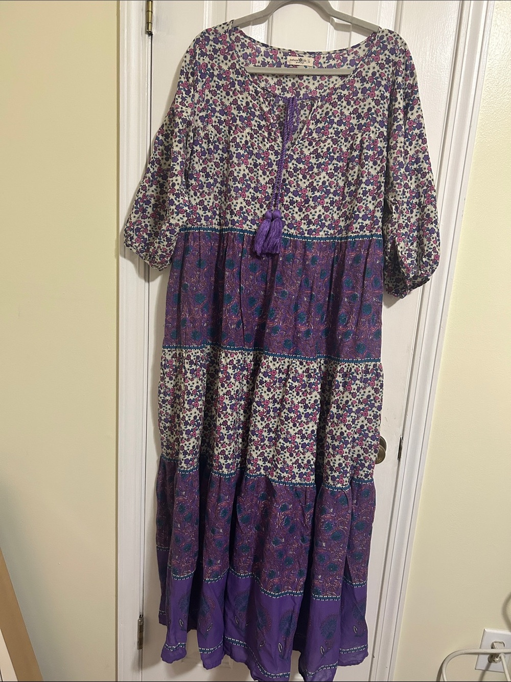 Natural Life Bohemian Purple Floral Tiered Maxi Dress Size L, EUC